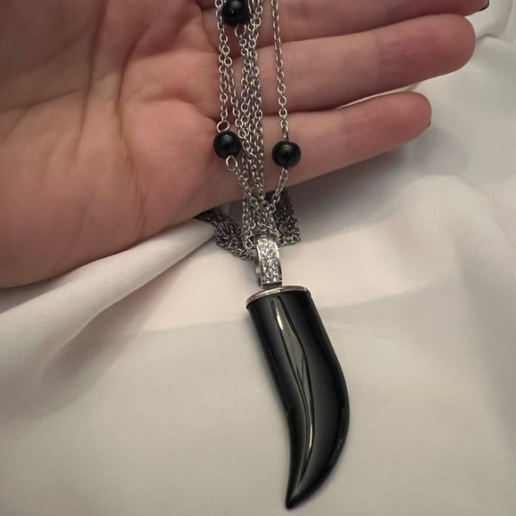 NWOT - Black Tusk Earrings & Stainless Steel Silver Necklace with Huggie & Tusk - Picture 11 of 12